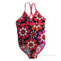 Girls' Bikini with Floral Prints, X-back Ties, a Red Tape on Front Chest, Special Design, Desirable